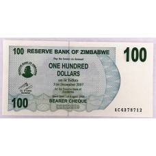 ZIMBABWE 2007 . ONE 1 HUNDRED DOLLARS BANKNOTE
